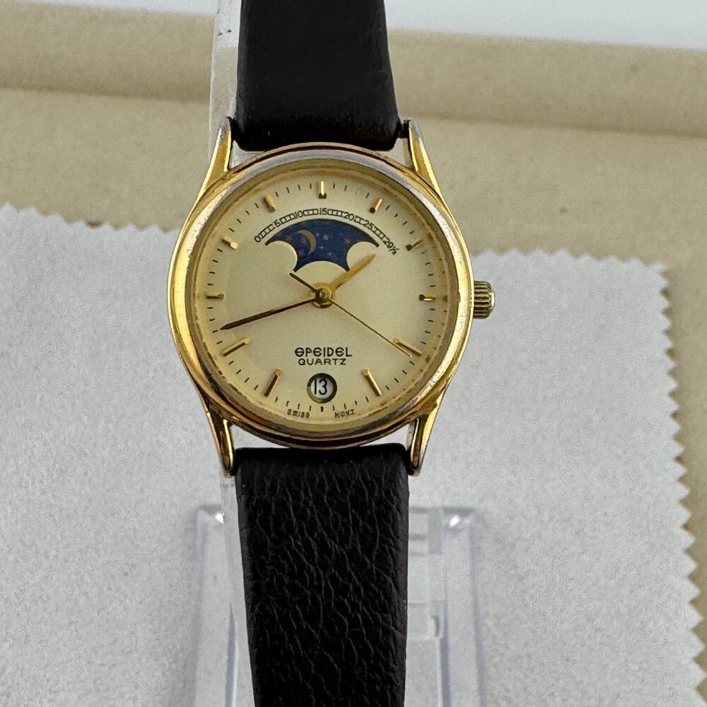 Vintage Speidel Moon Phase Watch New Dark Brown Leather Strap 7 Jewel Movement